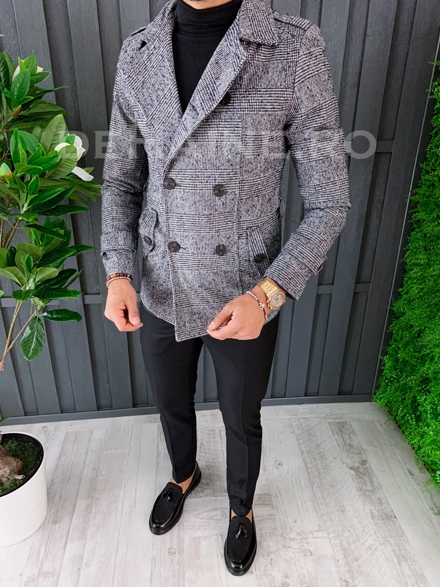 Palton barbati primavara slim fit in carouri a6649