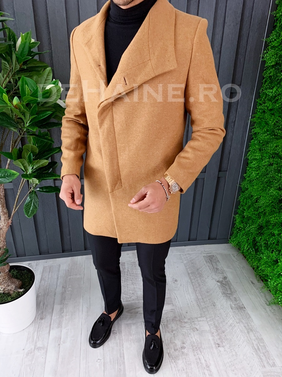 Palton barbati toamna slim fit camel a6655 s36