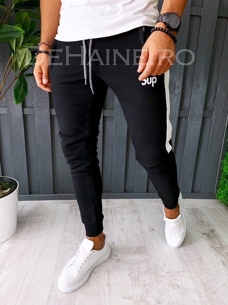 Pantaloni de trening conici vatuiti negri A6361 J4-3