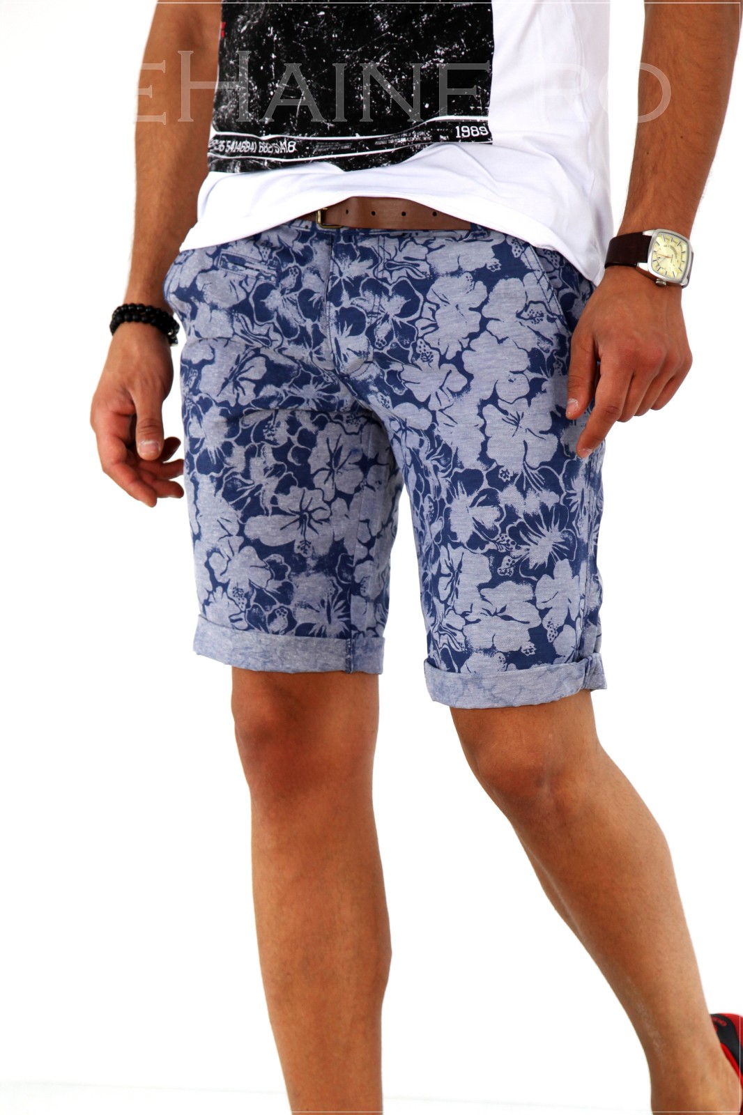 Pantaloni barbati scurti cu imprimeu + CUREA CADOU A1802 X19-4